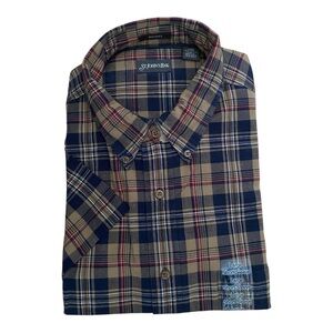 St. John's Bay Men's Casual Plaid Shirt - Navy and Tan Short Sleeve Button Down